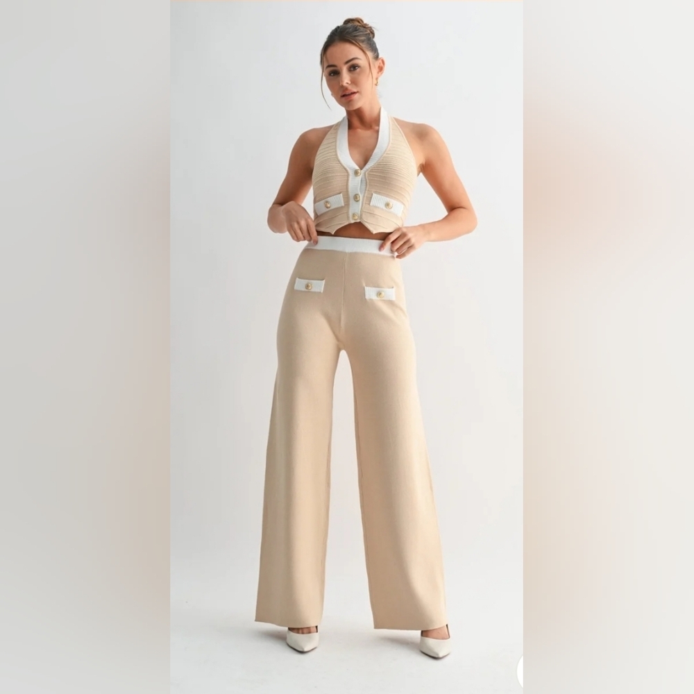 Evenuel Knit Halter Top & Wide Leg Pants Set  Size L NWT